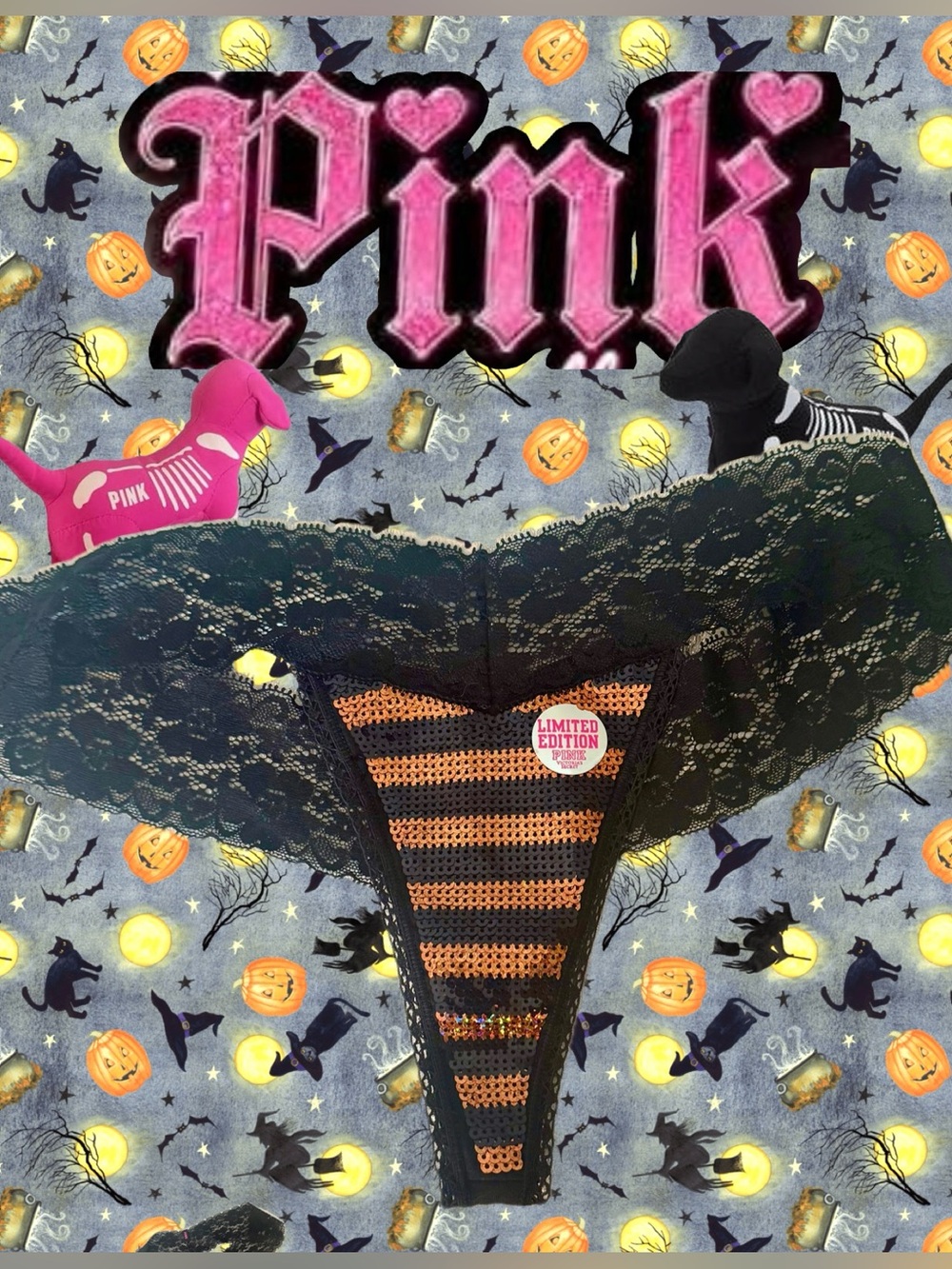 PINK Low Rise Lace Side Thong Vintage Y2K Victoria's Secret Halloween Ltd Ed LG
